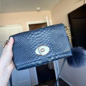 Coach Navy Faux-Snakeskin Crossbody with Gold Hardware and Pom-Pom